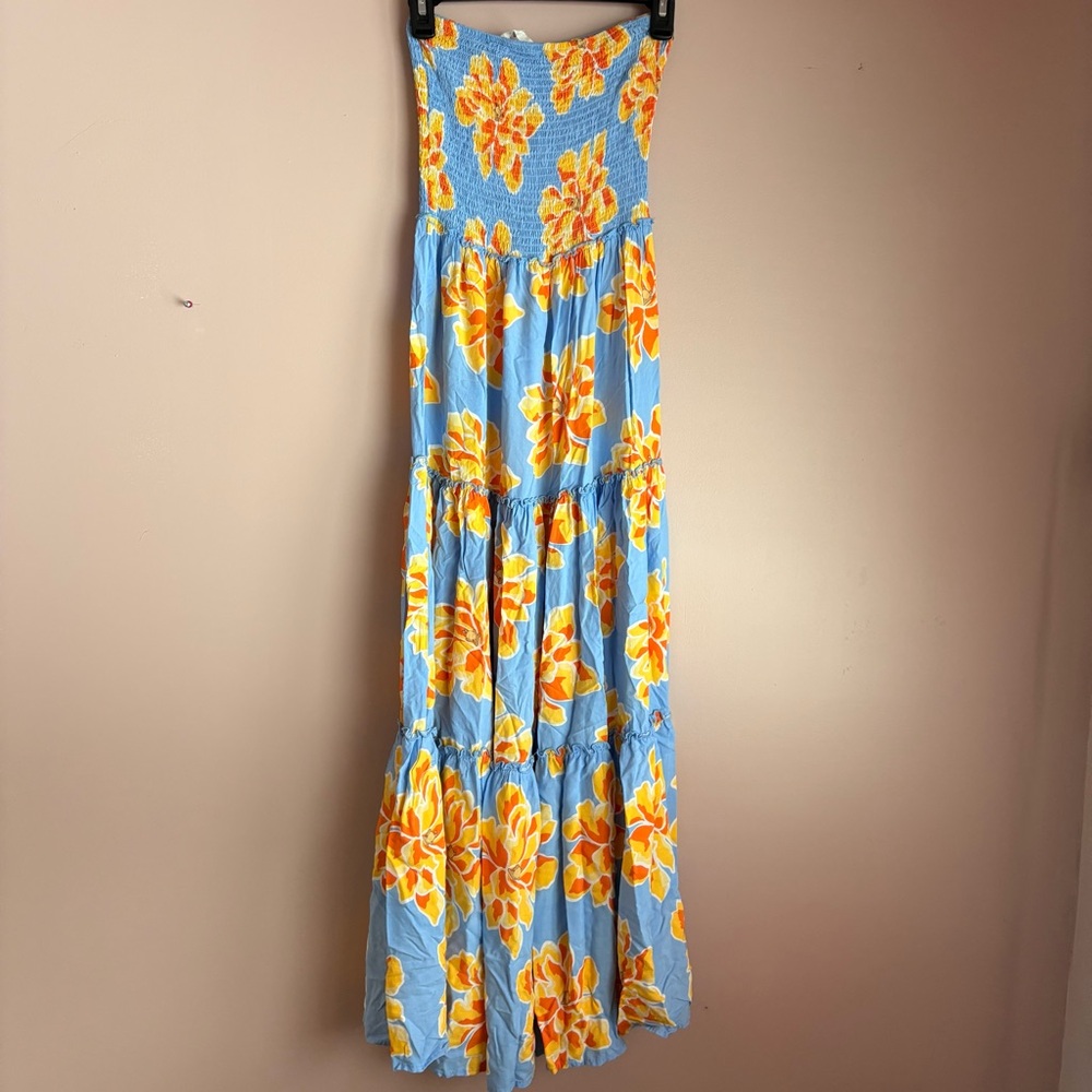 💚Anthropologie Abel the Label Strapless Dress with Blue and Yellow Floral Design - Picture 2 of 6